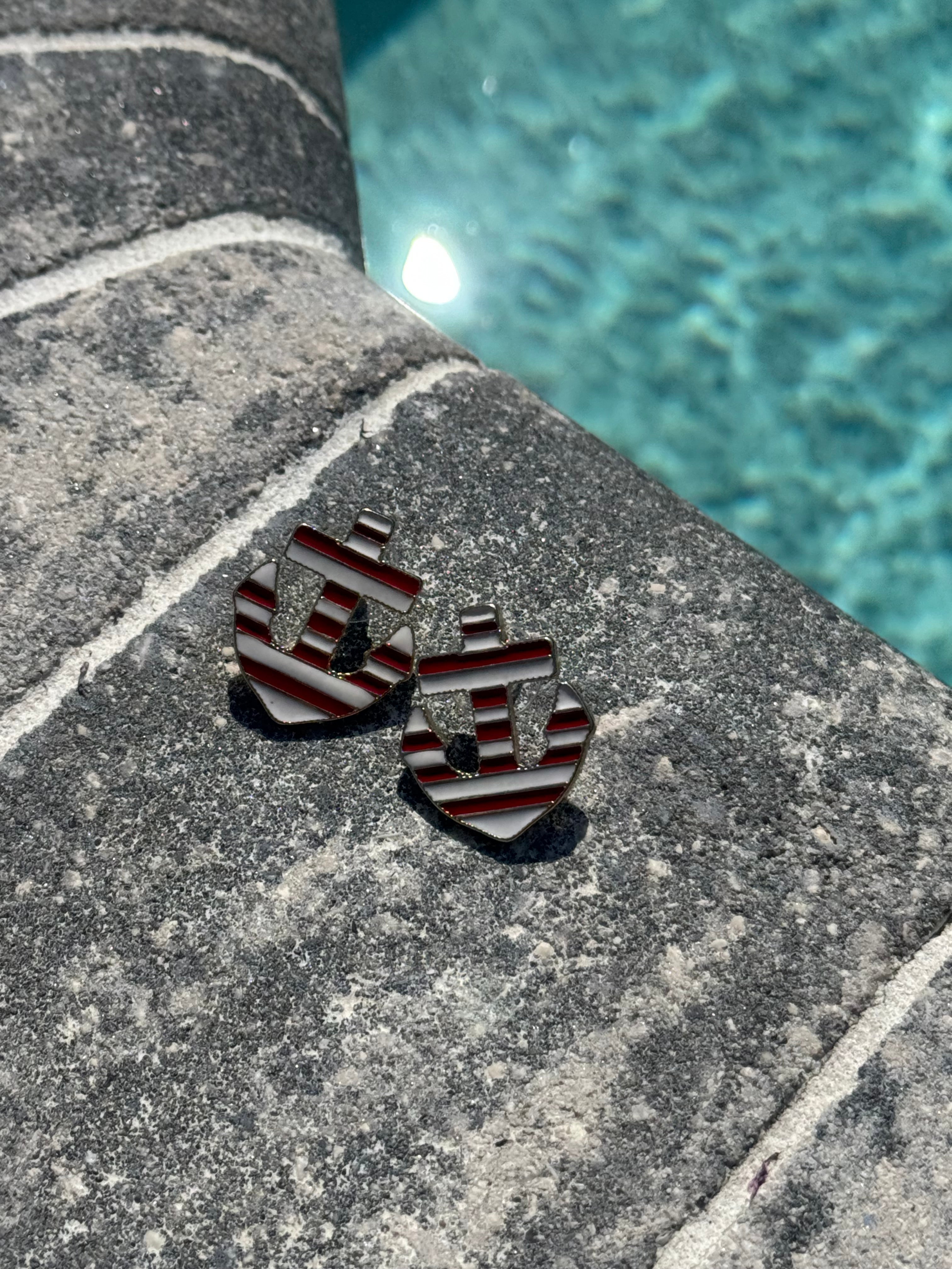 Red and White Stripe Anchor Stud Earrings