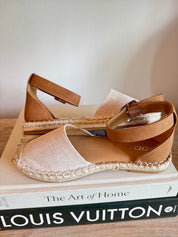 Beige and Cognac Strap Flats