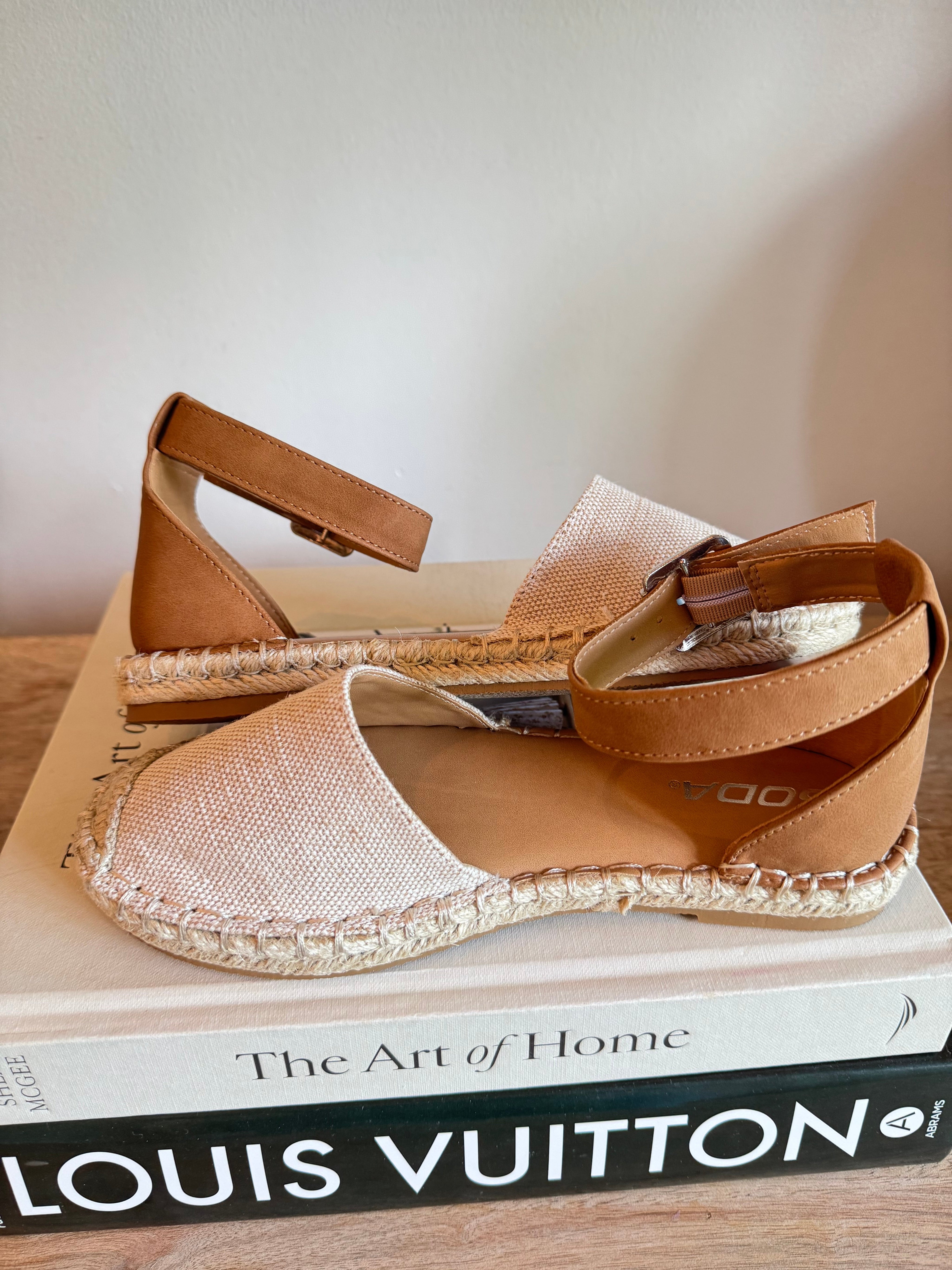 Beige and Cognac Strap Flats