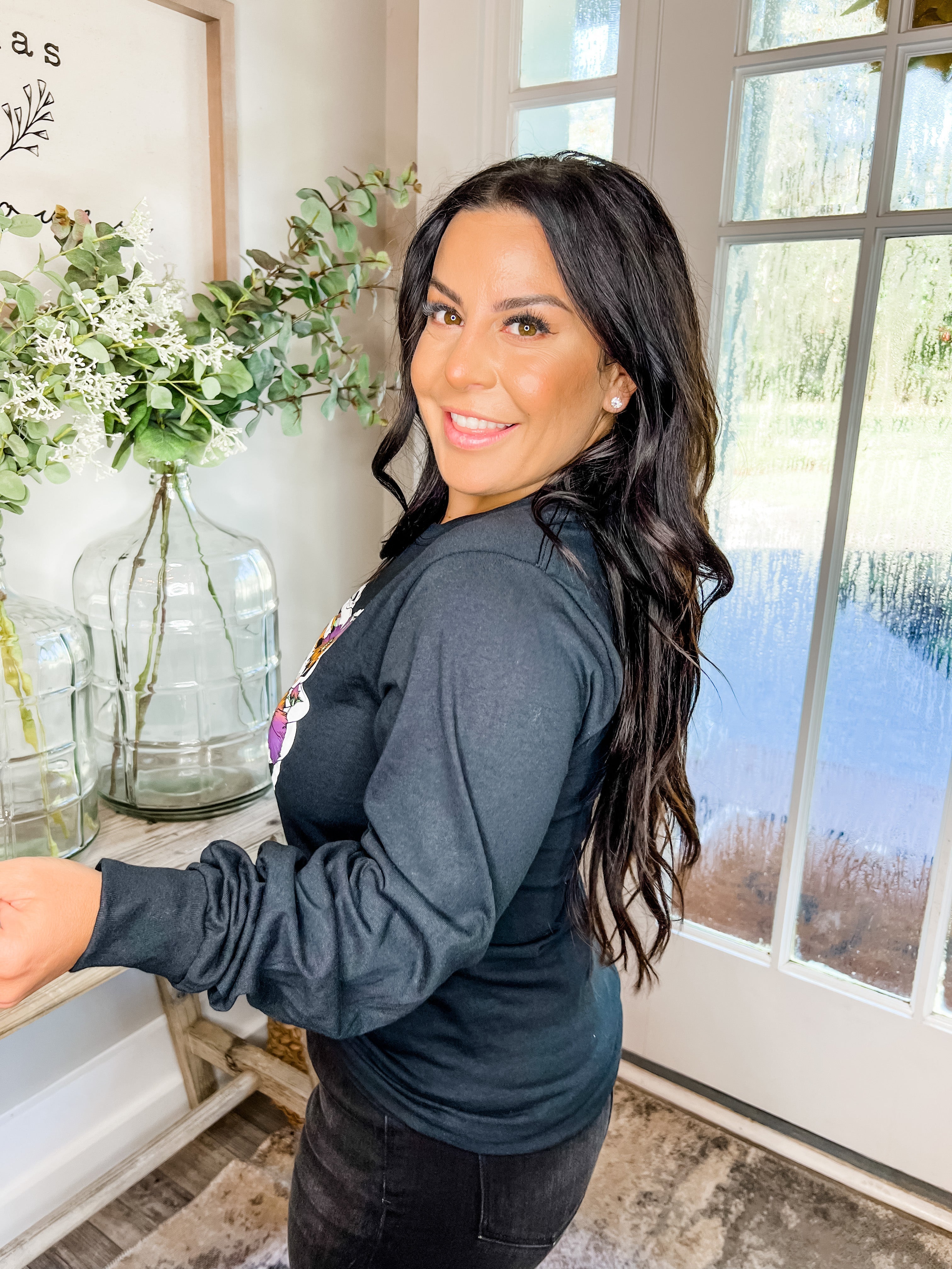 Long Sleeve Black Halloween RibCage Graphic Top