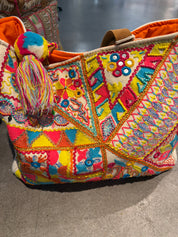 Large multi color beaded Tote Bag with Pom