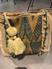 Large Teal and Gold beaded Tote Bag with Pom