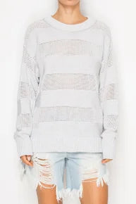 Heathered Grey and White Striped Knit Lightweight Sweater Stitch and Co 30A