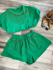Jeaneane's Custom Green and Gold Sparkle Studded Top