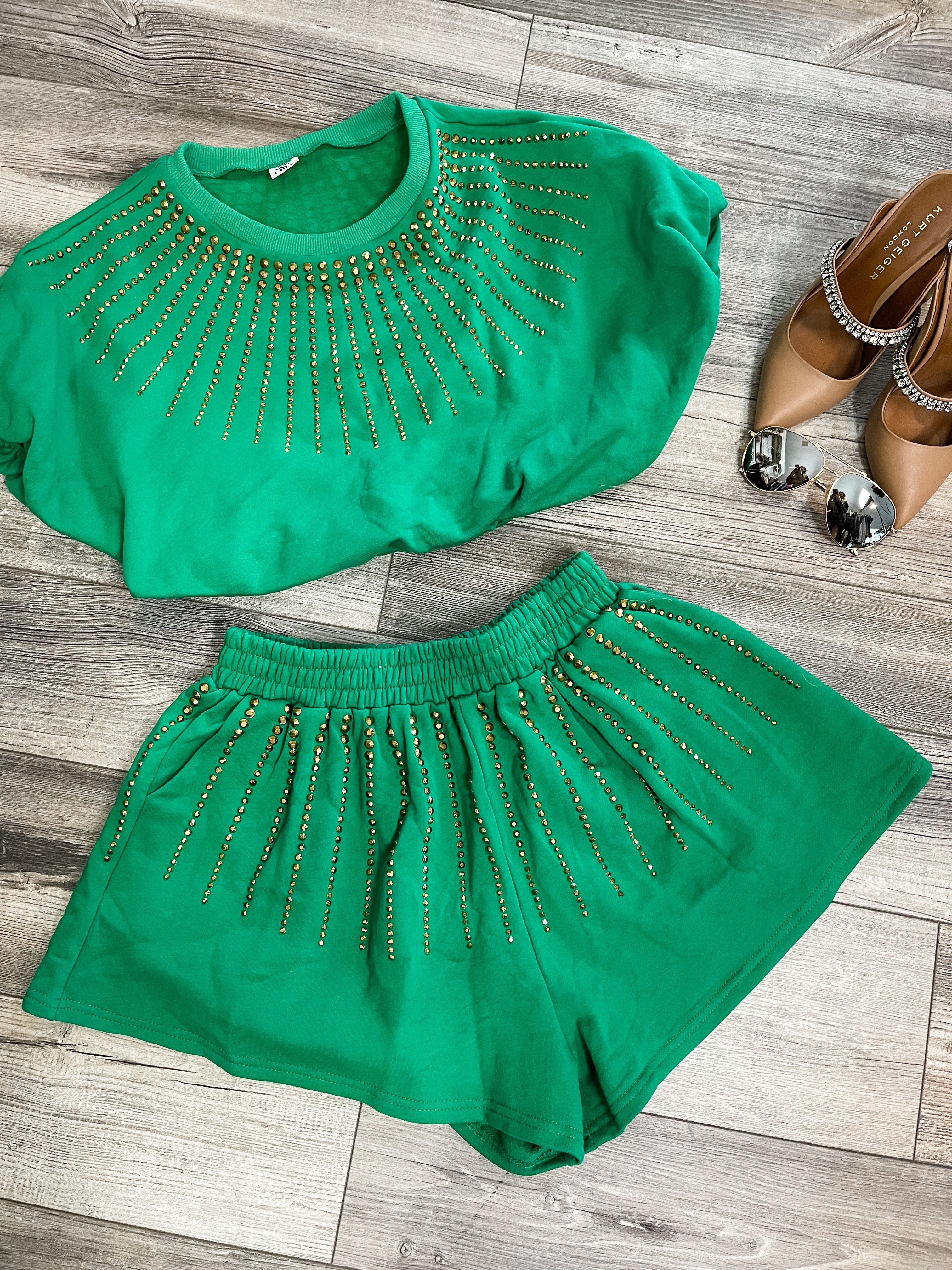 Jeaneane's Custom Green and Gold Sparkle Studded Top