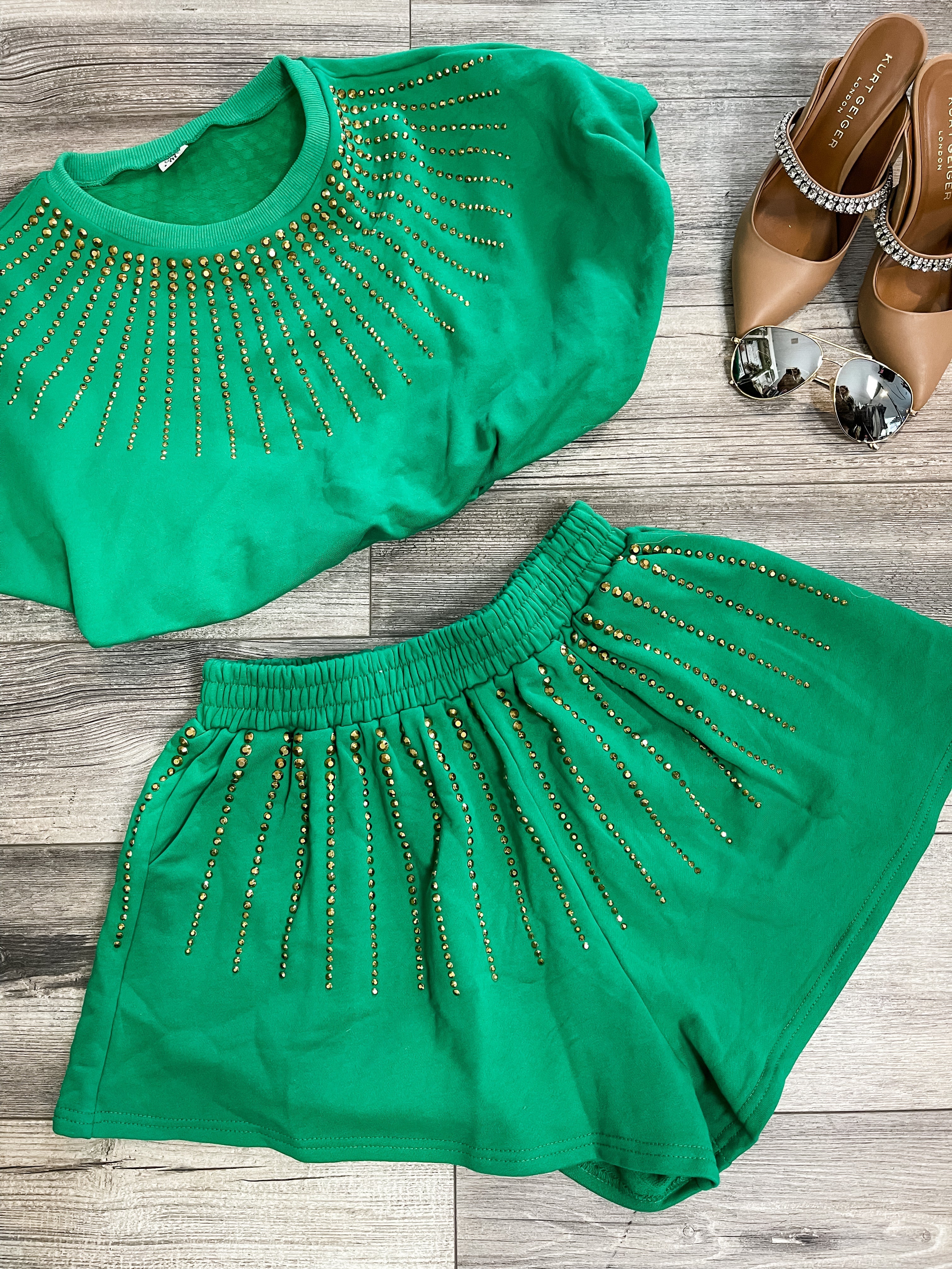 Jeaneane's Custom Green and Gold Sparkle Studded Shorts