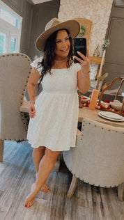 Soft Puckered Ivory Dress With Ruffle Tank Sleeve Dress