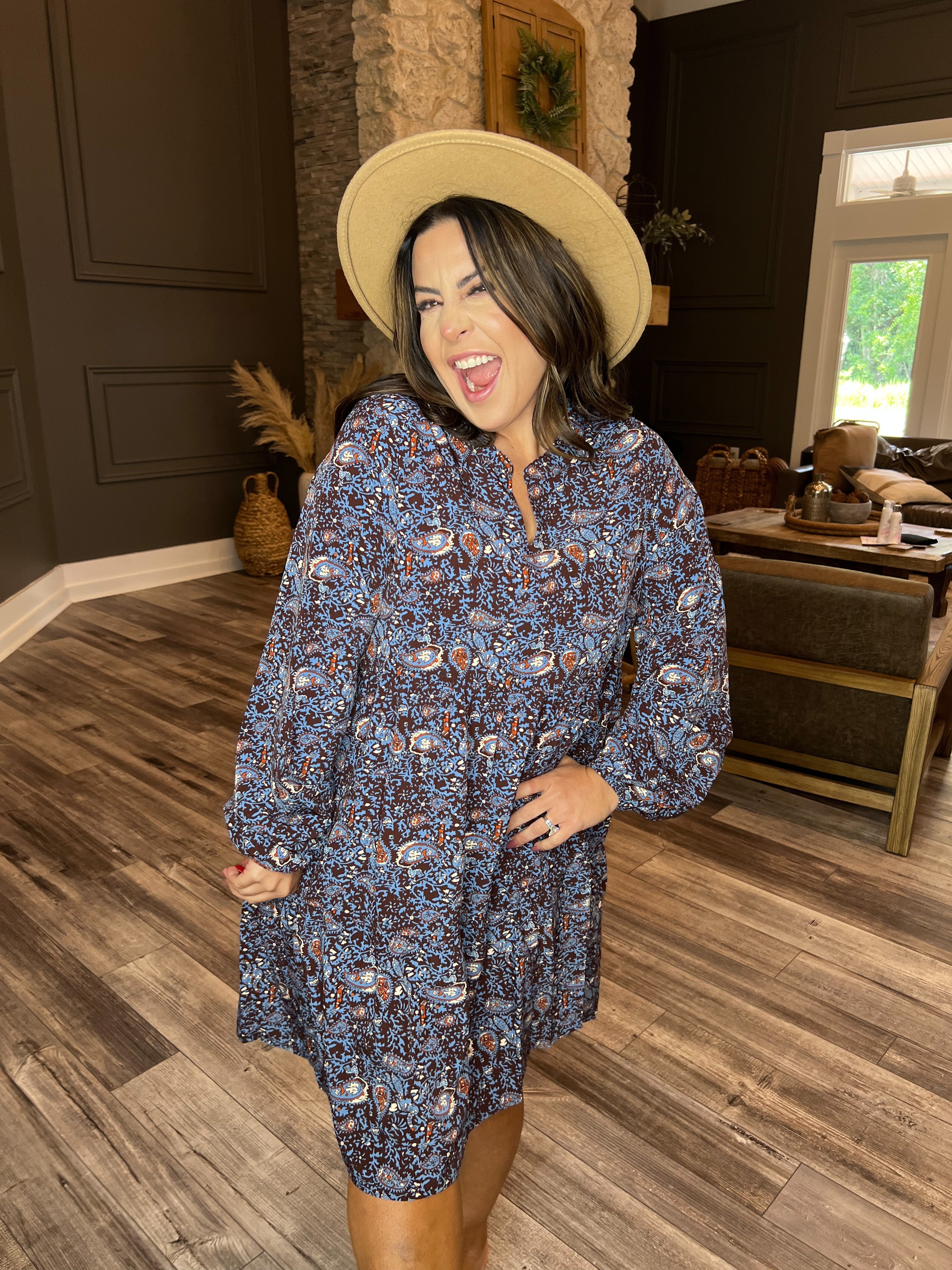 Ultra Soft Brown Purple and Light Blue Paisley Long Sleeve Dress