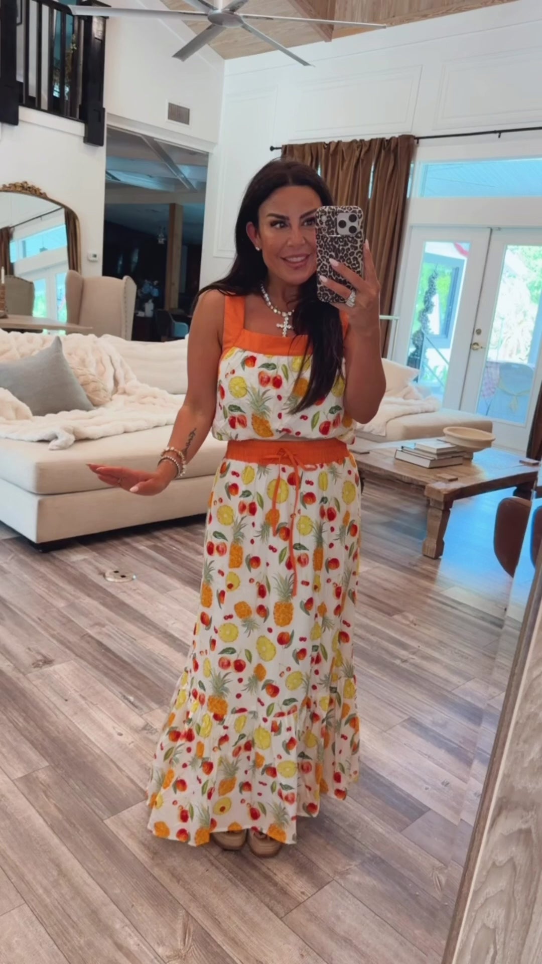 Chic White and Fruit Two Piece Set Top and Maxi Skirt