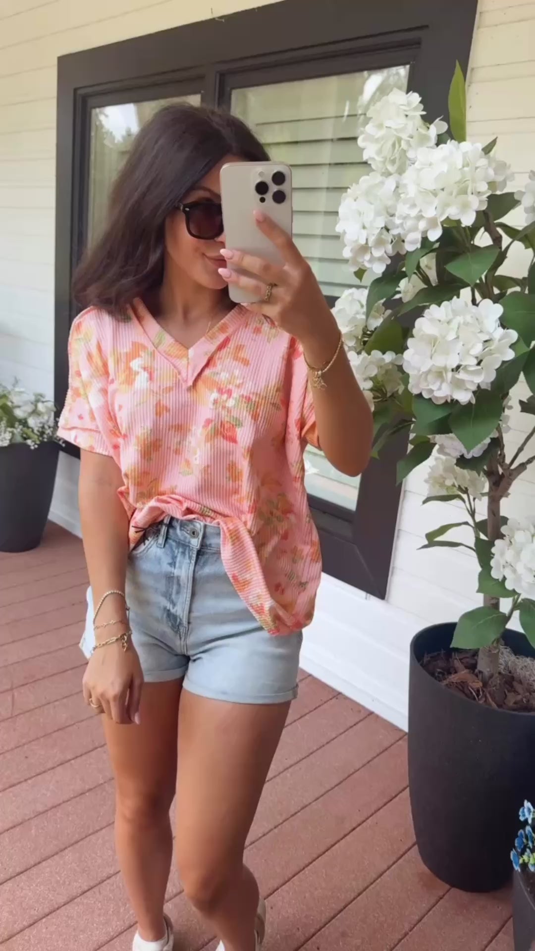 Pink and Orange Floral Ribbed Top