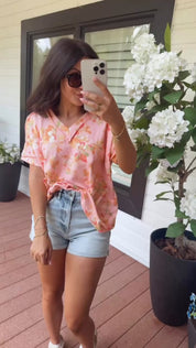 Pink and Orange Floral Ribbed Top