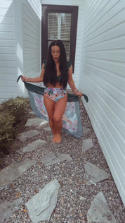 Elegant Green and Floral Two Piece Bathing Suit with Sarong Skirt