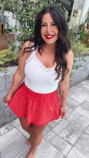 Red Denim and Crystal Embellished Skort