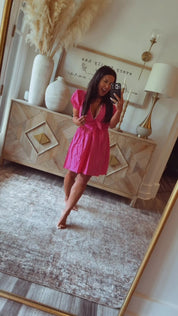 Pink Puff Sleeve Tie Back  Dress