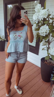 Pol Light Blue Linen Lace and Pearl Trim Tank