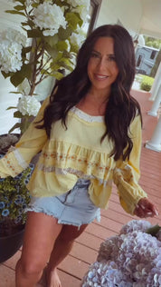 Yellow And Floral Embroidered Zip Back Baby Doll Long Sleeve Top