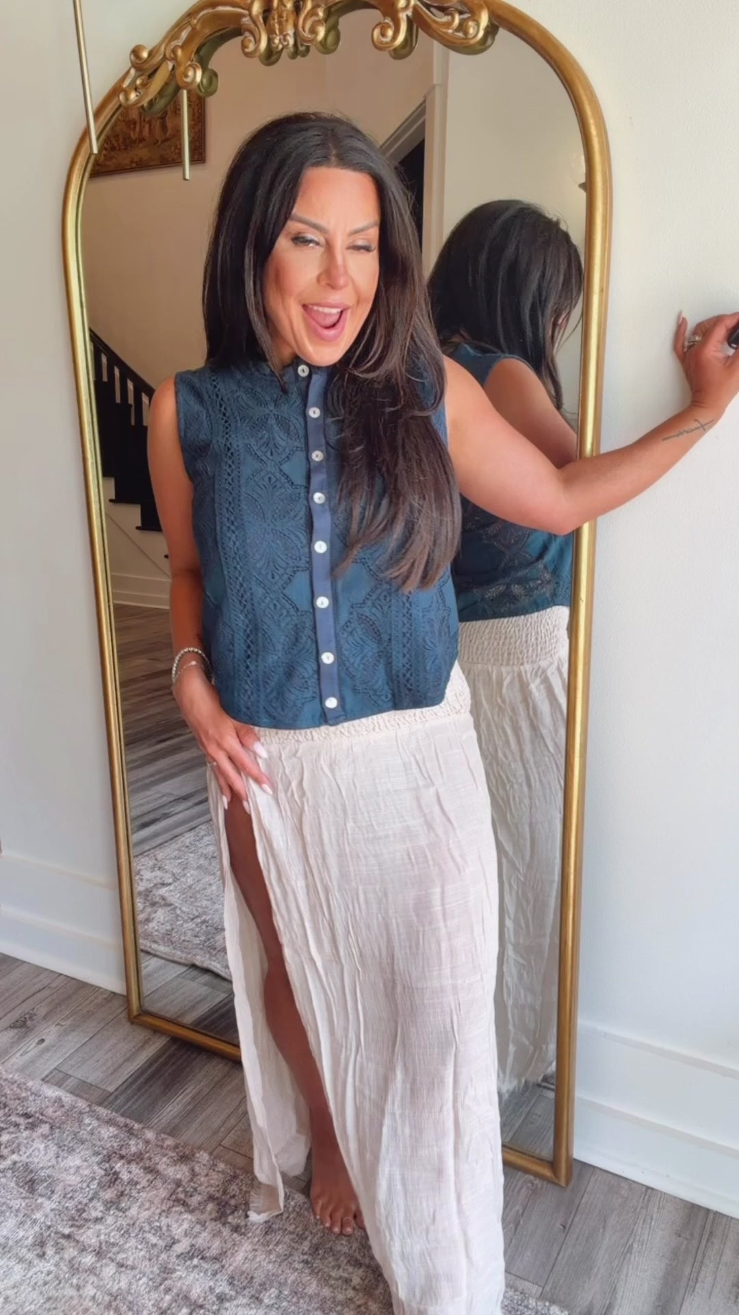 Light Navy Lace Button Up  Elegant  Top