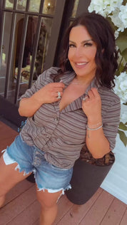 The Greii Brown Striped Collared Button Up Top