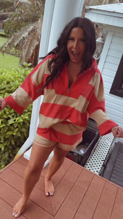 Red and Brown Striped 1/4 Zip Jacket