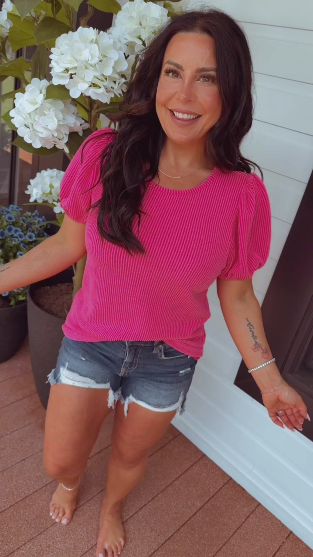 Hot Pink Textured Loose Fit puff Sleeve Top
