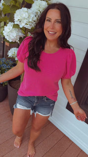 Hot Pink Textured Loose Fit puff Sleeve Top