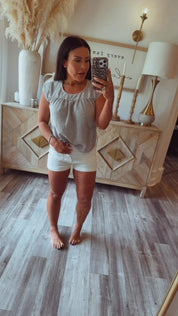 Denim and White Pinstripe Peplum Top