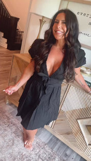 Black Puff Sleeve Smocked Waist Dress