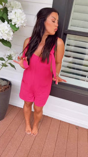 Hott Pink Ribbed Tank Romper With Pockets