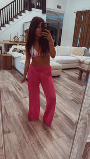 Pink and White Tie Dye Two Piece Bathing Suit With Pink Pants Set