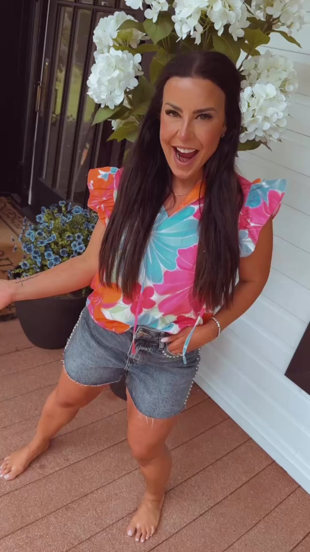 Pink and Blue floral Ruffle Sleeve Key Hole Tie Top