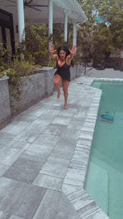 Sassy Black One Piece Bathing Suit With Black Mesh Skirt