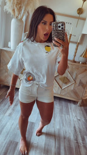 Chic White Stitch Patch Fruit Top