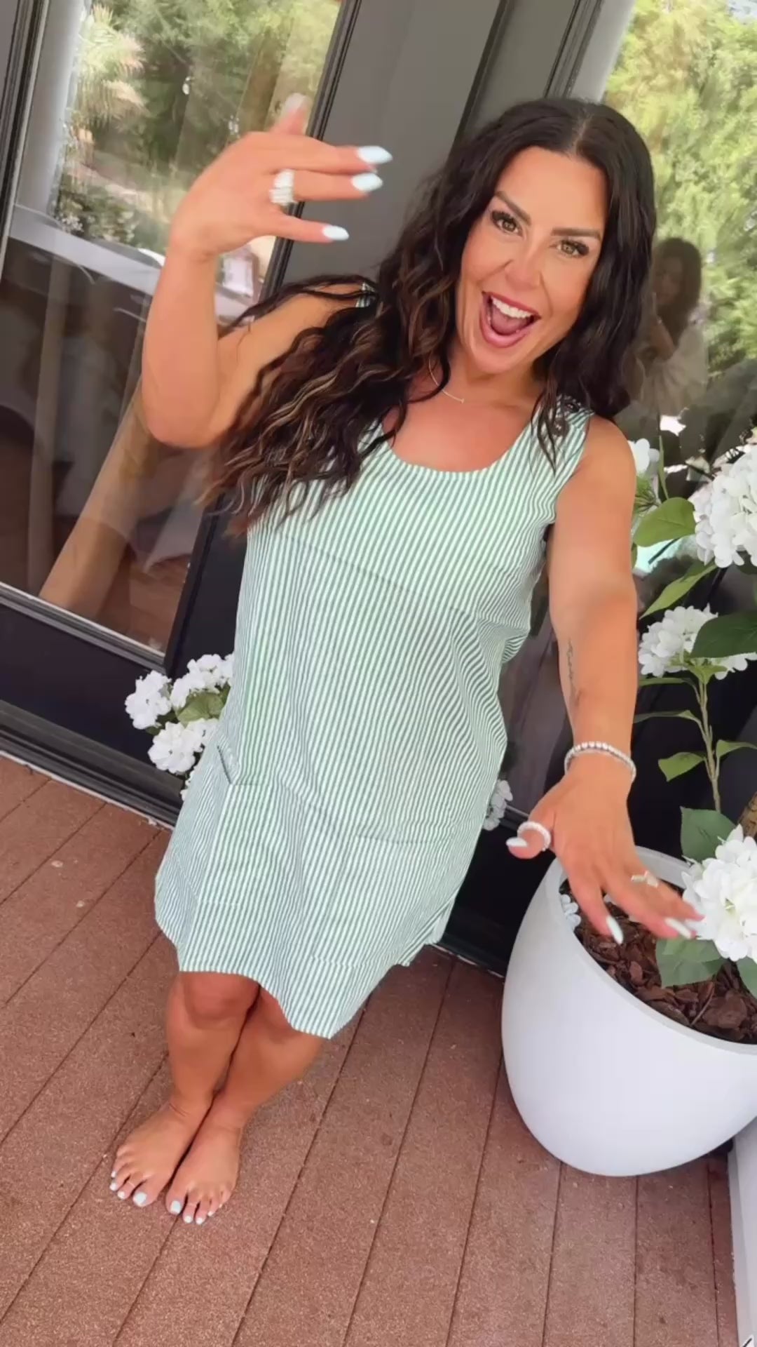 Green and White Striped Sleeveless Dress