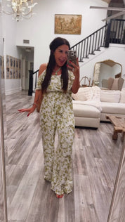 Chic White Green Floral Romper