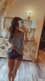 Soft Black and White Gingham 1/4 Sleeve Top