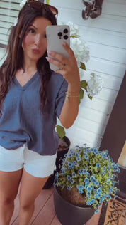 Chic Denim Blue Loose Fit Linen Top