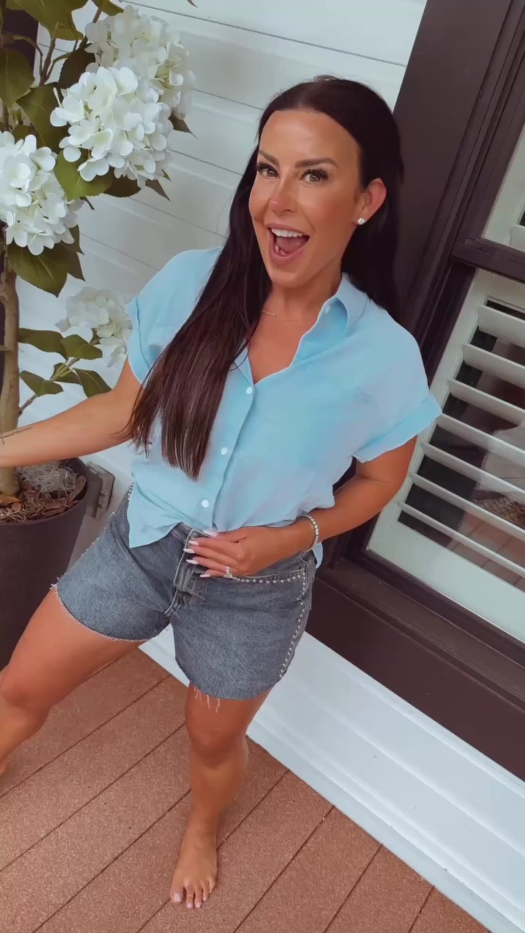 Mist Blue Lightweight Textured Button up Cuffed Top