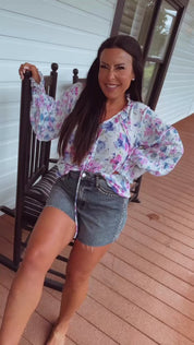 Ultra Soft Lightweight White and Floral Button Up Blouse
