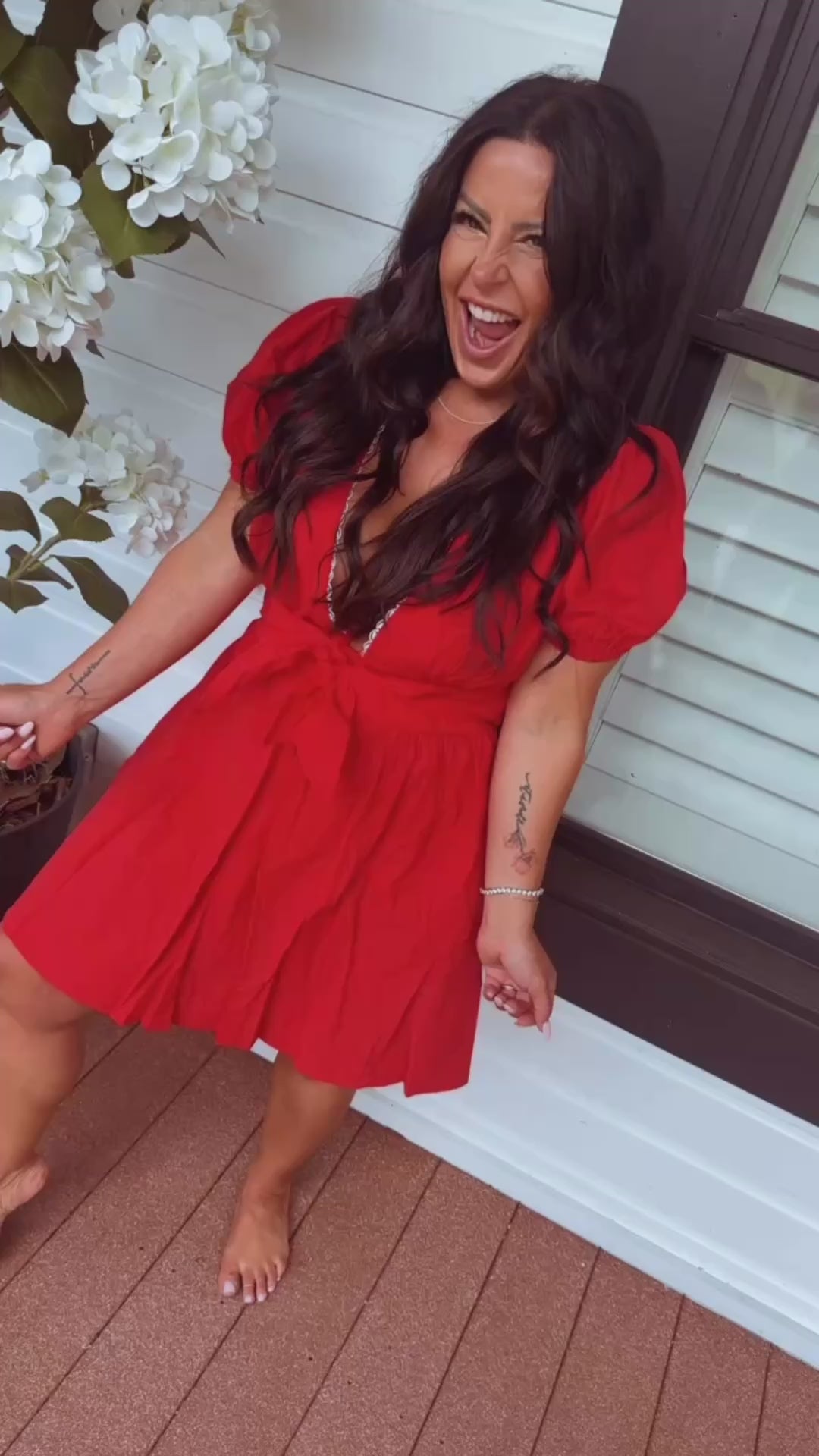 Red Puff Sleeve Smocked Waist Dress