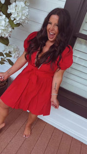Red Puff Sleeve Smocked Waist Dress