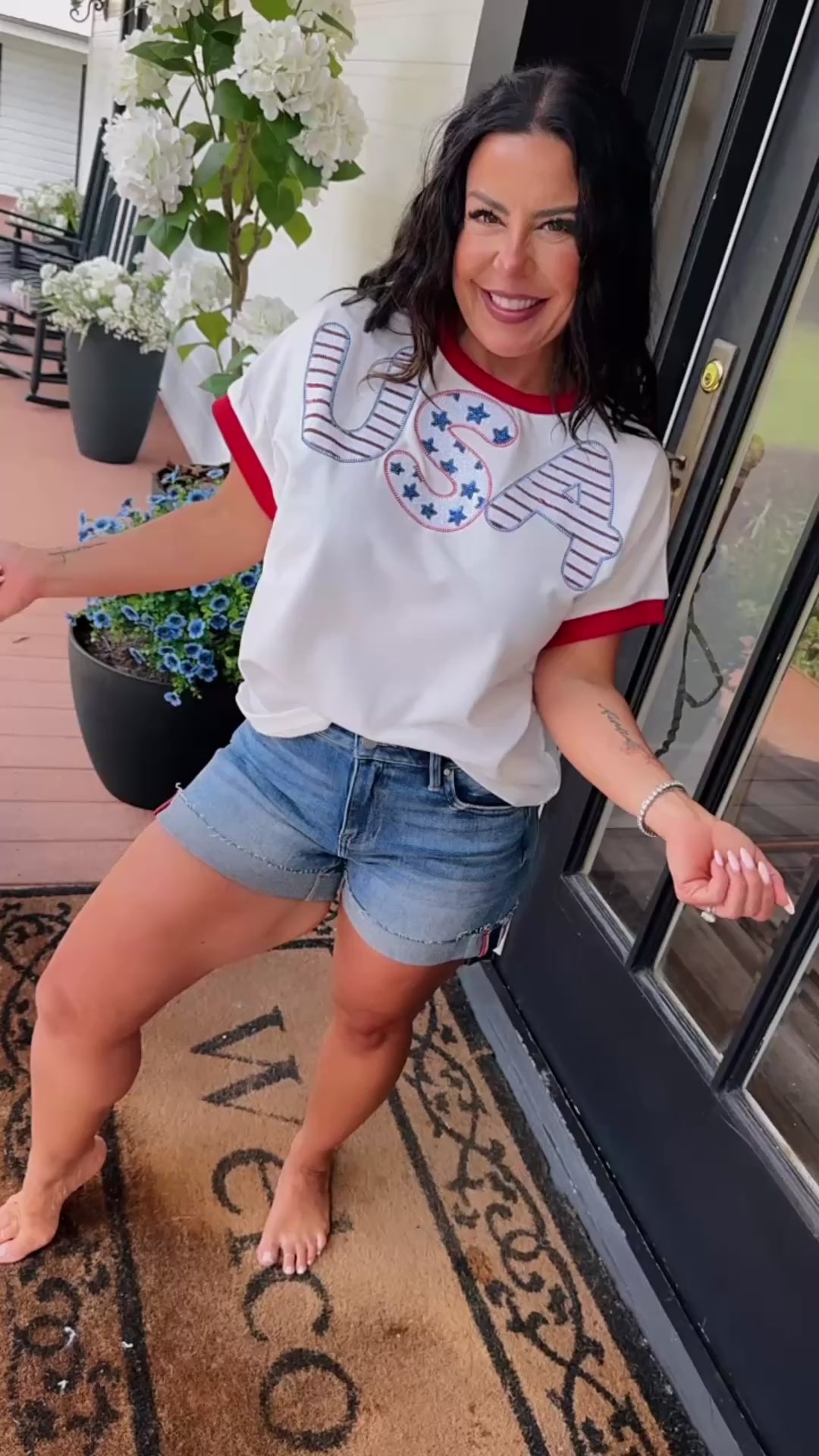 Red Sequin USA Short Sleeve Top