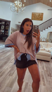 Orange And Blue Stripe Lightweight Loose Fit Sweater