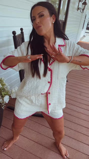 Cream And Pink Textured Button up Shirt and Shorts Set