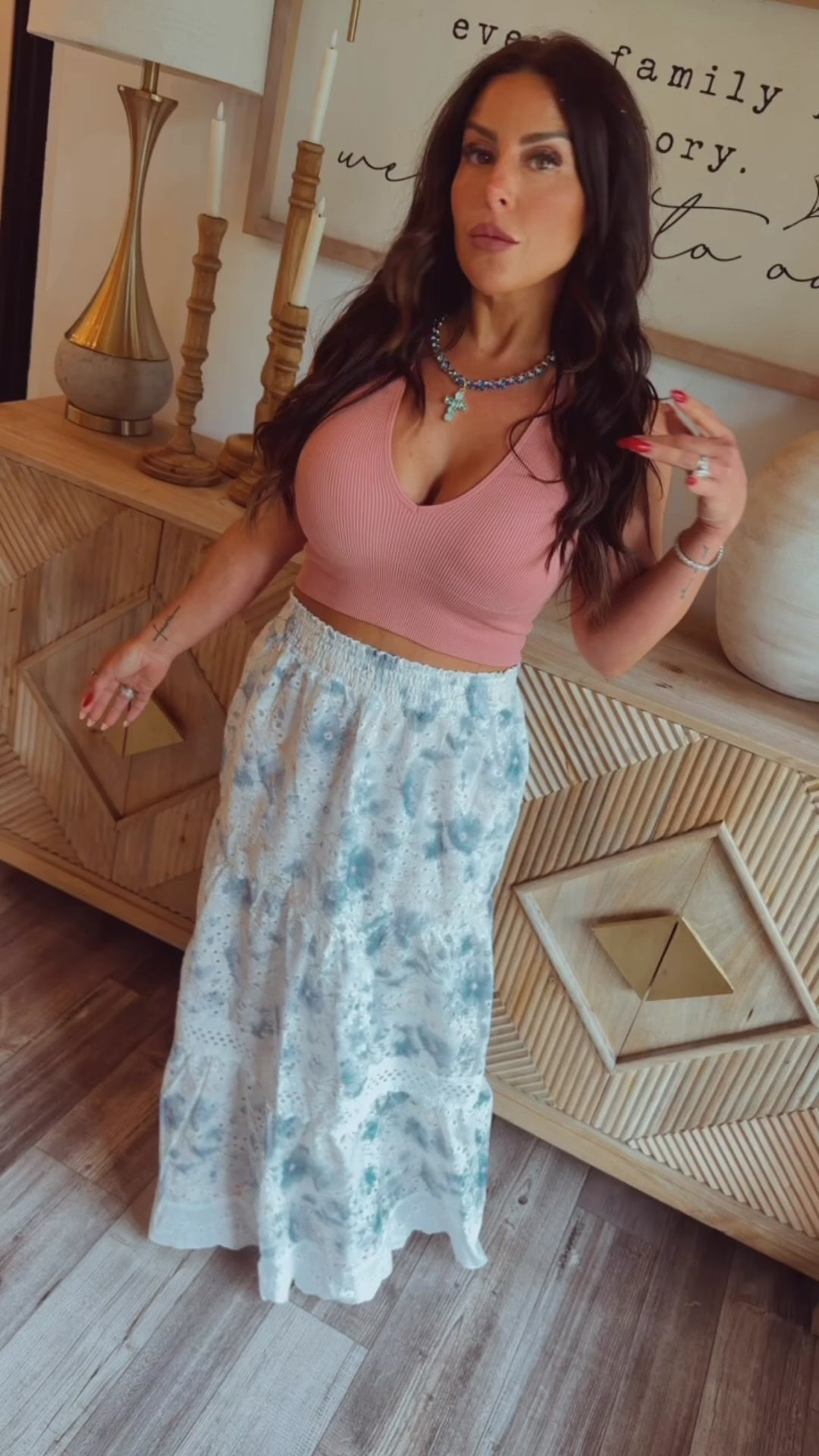 Chic White and Blue Floral Eyelet Lace Skirt