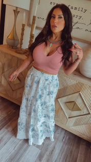 Chic White and Blue Floral Eyelet Lace Skirt
