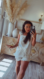 White  Textured Ruffle Strap Tank and Shorts Set