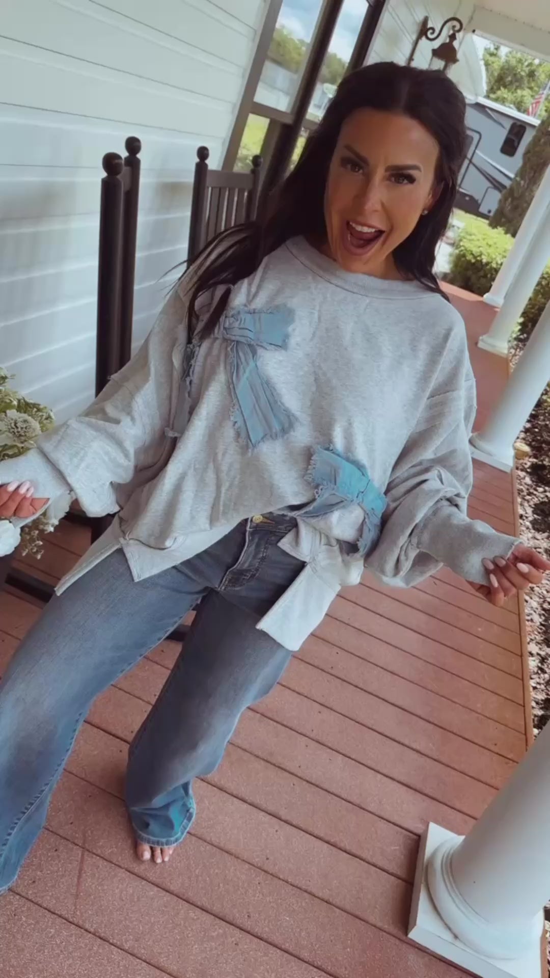 Ultra Soft Lightweight Grey and Blue Bow Crewneck