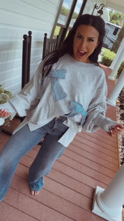 Ultra Soft Lightweight Grey and Blue Bow Crewneck