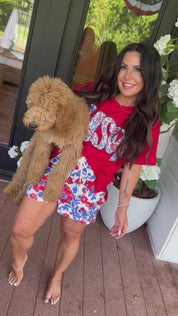 Red White And Blue Floral Usa Top and Shorts Set