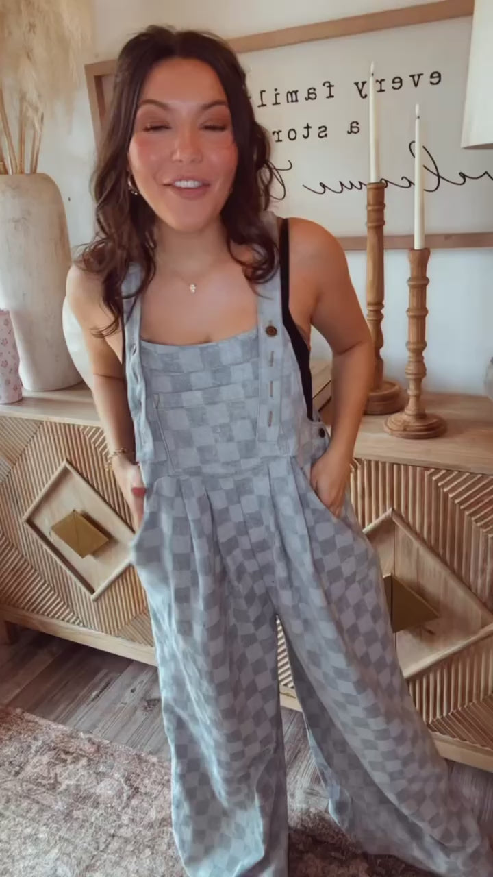 Denim Blue Checkered Wide Leg Jumpsuit